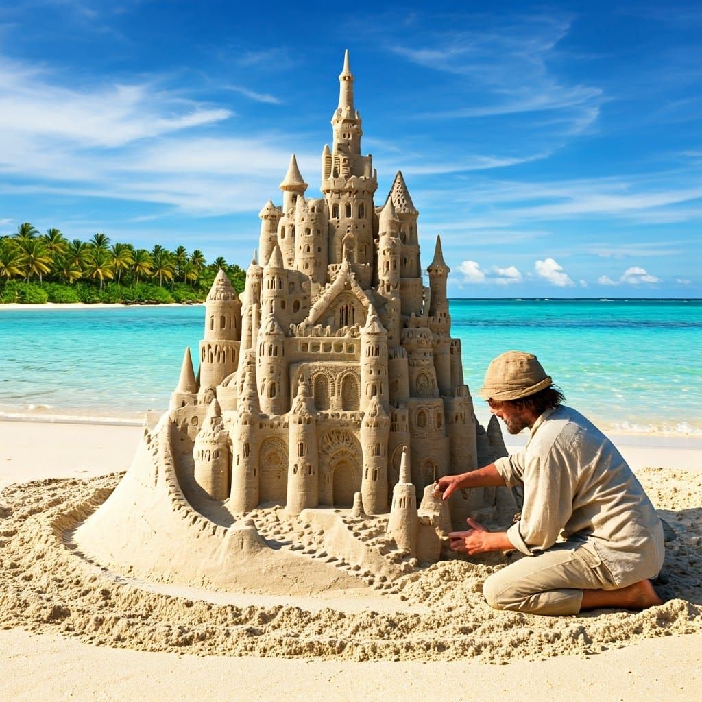 Castaway Builds Sand Mansion on Tropical Island