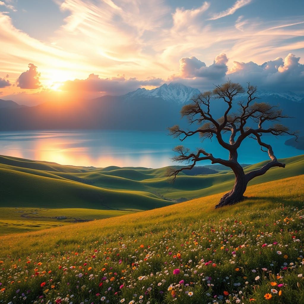 Ethereal Emerald Landscape with Crystal Lake and Majestic Mo...