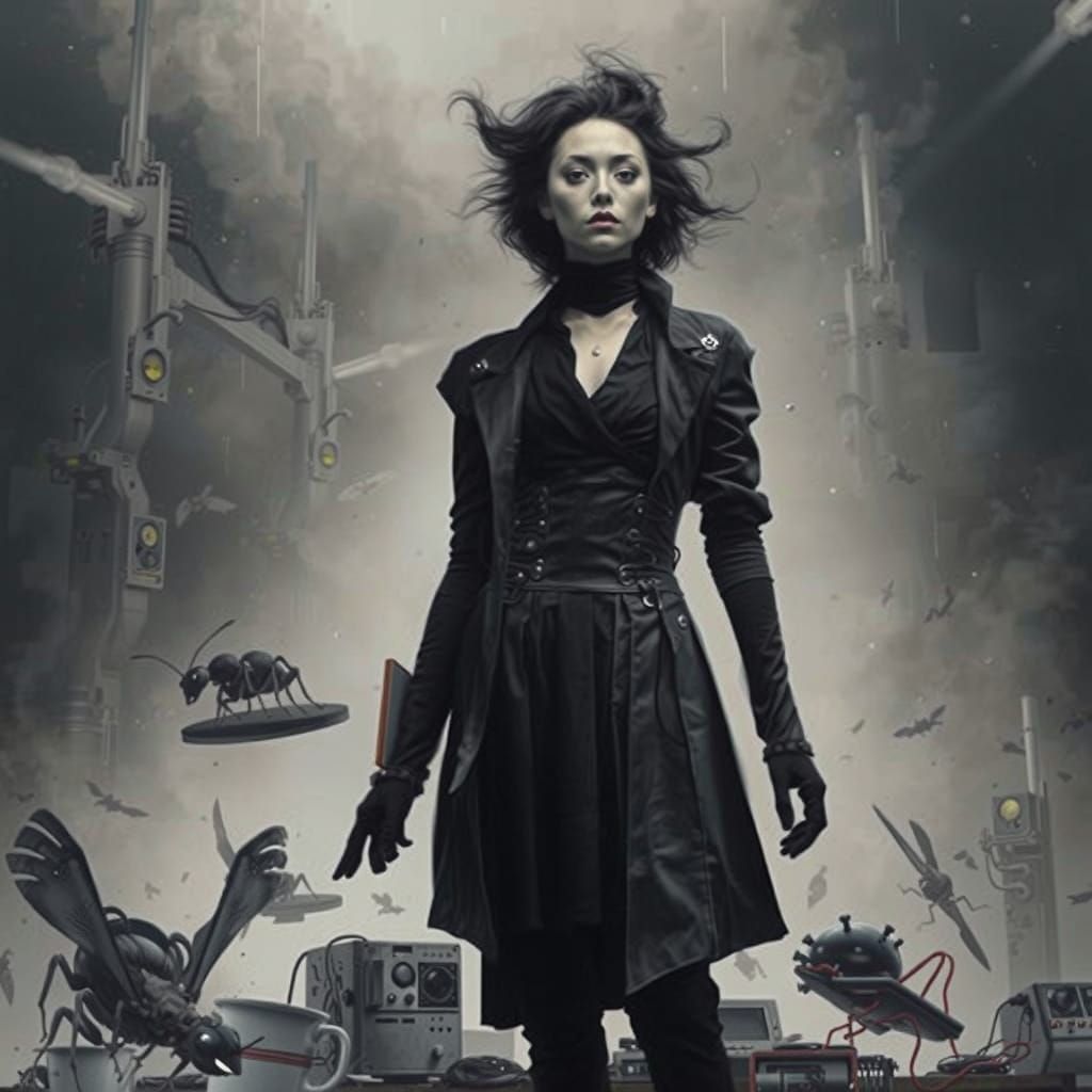 Goth Fashion Model in Cyberpunk Coffee Shop with Giant Ants