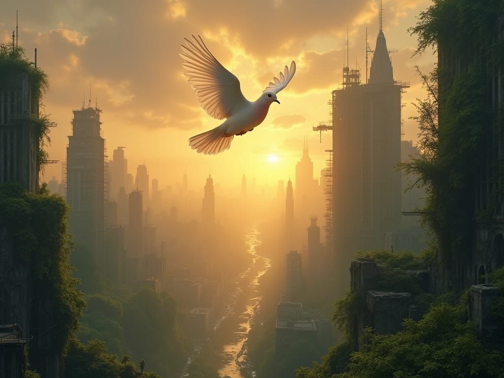 Dove Soars Above Post-Apocalyptic Landscape in Vibrant Sunse...