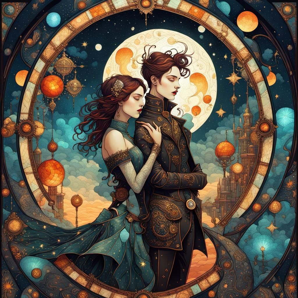 Steampunk Lovers Under Astral Skies: Fantasy Illustration