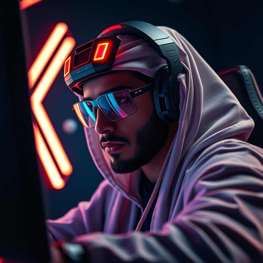 Intense Arab Gamer in Neon Cyberpunk Setting