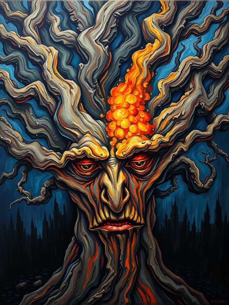 Twisted Tree Visage in Expressive Impasto Oil Painting