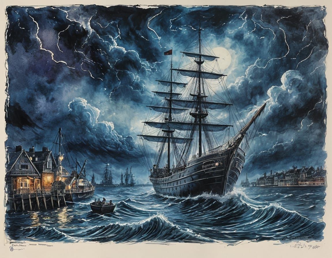 Ghost Ship Drifting in Stormy Harbor Ink Painting