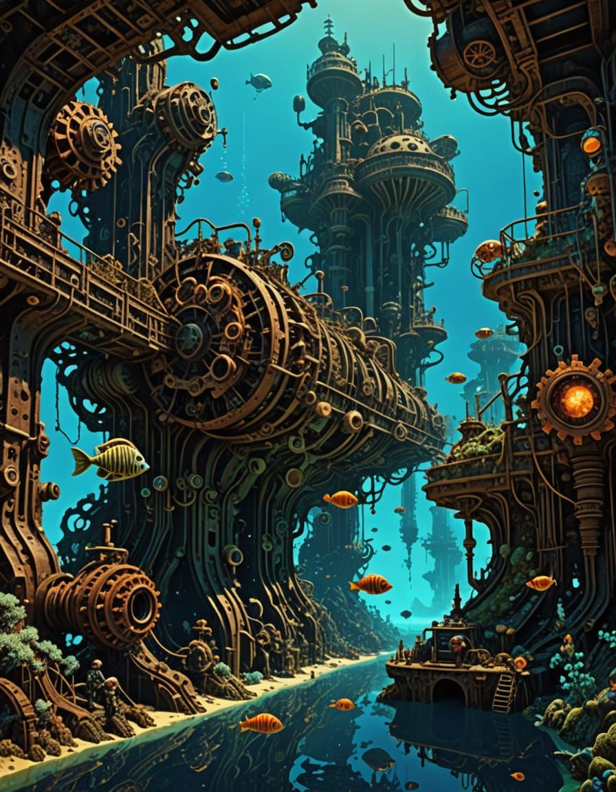 Oilpunk Futurism: Divers Explore Sunken City of Gears and Pi...