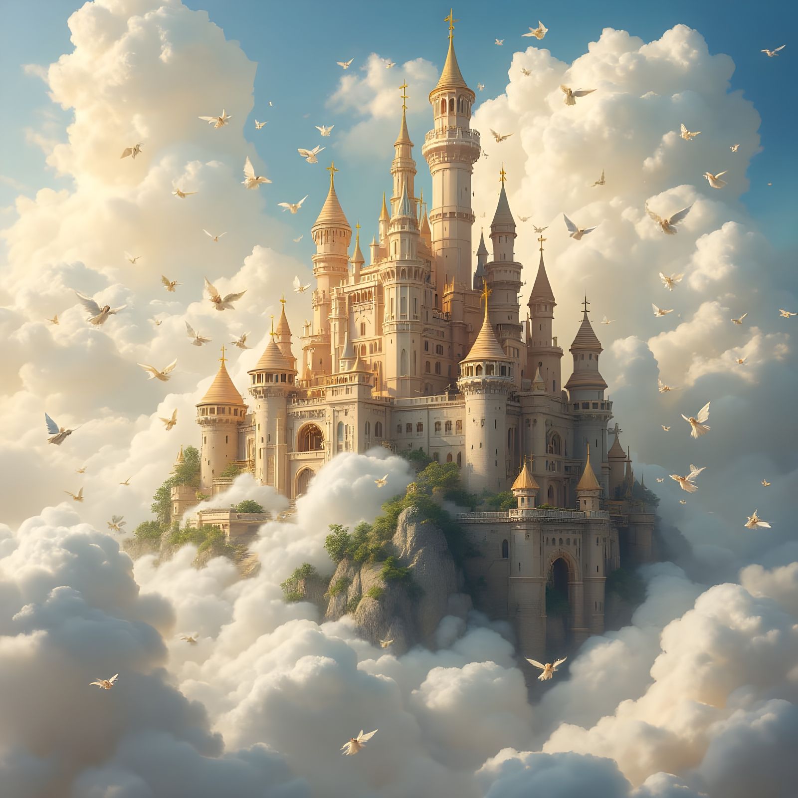 Heavenly Castle on Clouds with Angels