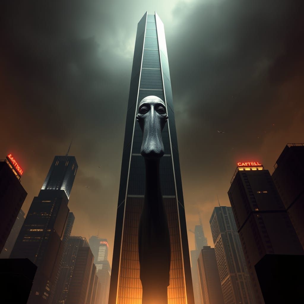 Surreal Towering Figure in Dystopian Cityscape