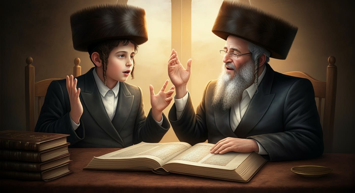 Hasidic Father and Son Learning Torah Together