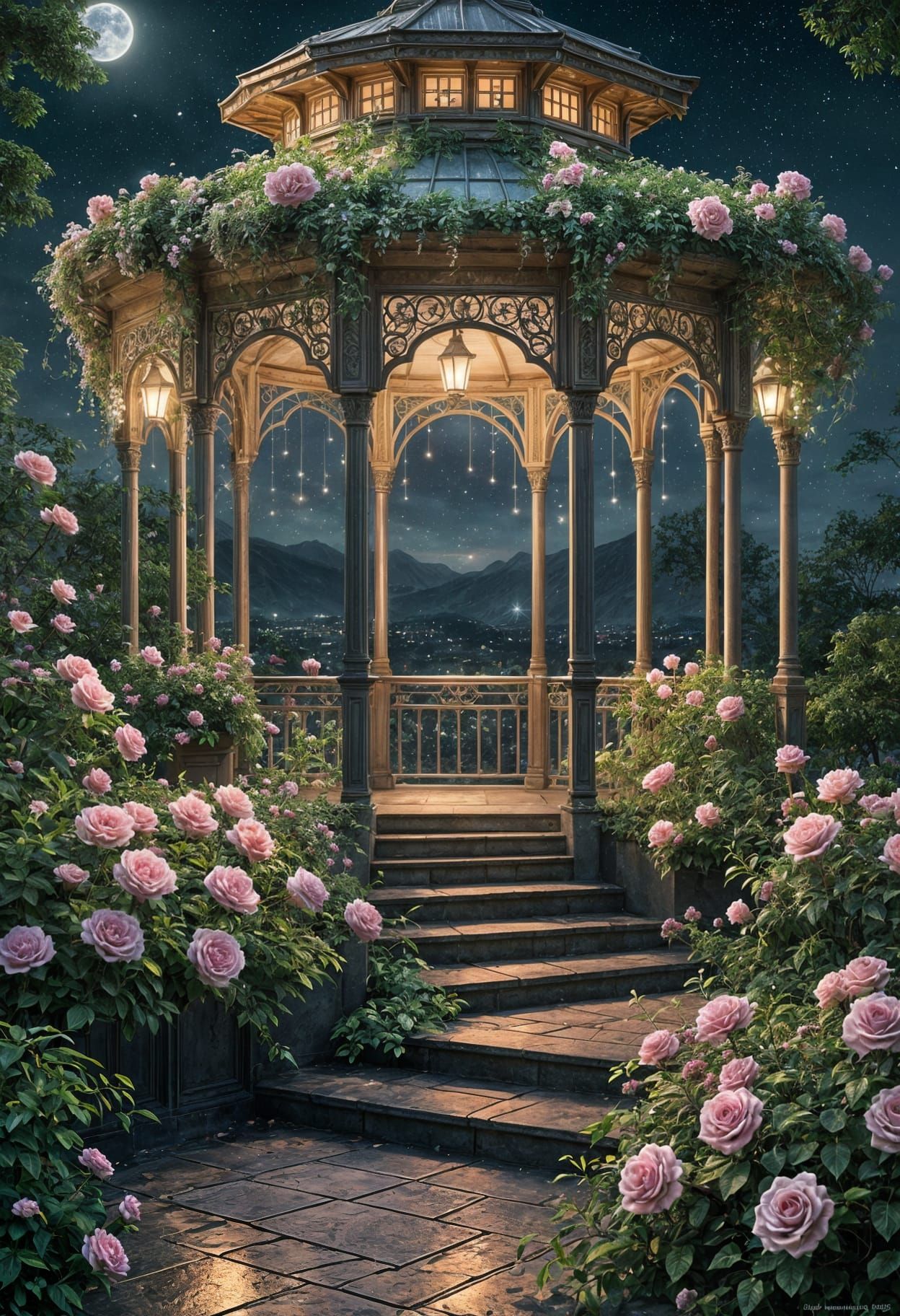 Cyberpunk Rose Gazebo under Futuristic Moonscape