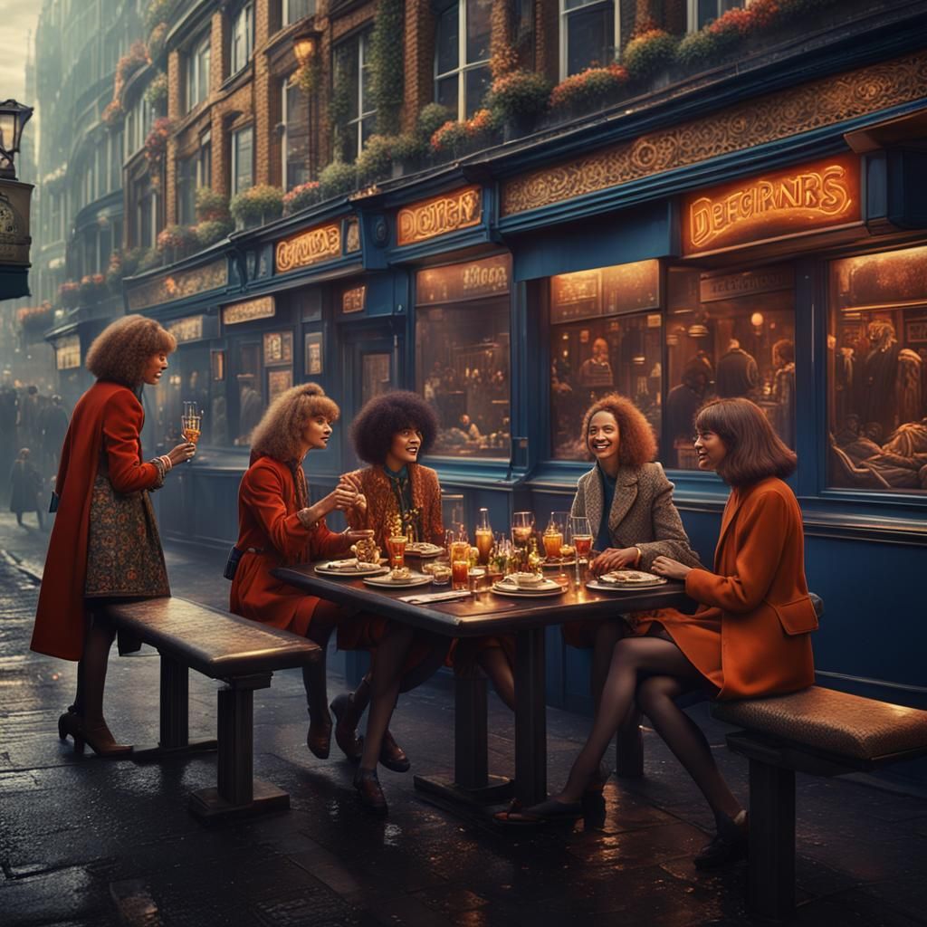 1970s Women Dining in London, Detailed Matte Painting