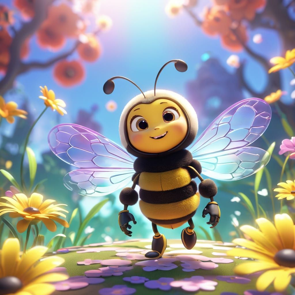 Cute Bee on Flower in 3D Digital Art