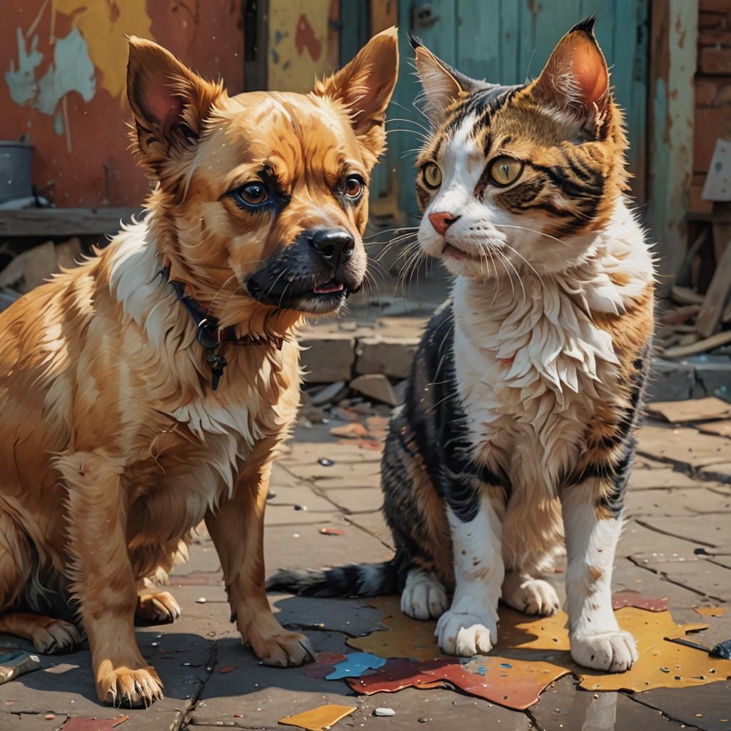 Hyperrealistic Dog and Kitten Dramatic Concept Art