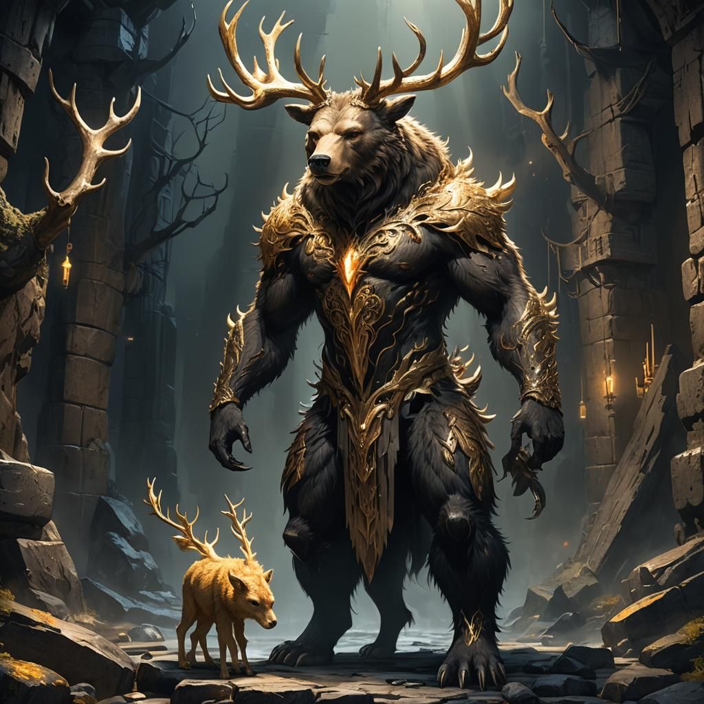 Bear-Deer Hybrid in a Dark Dungeon