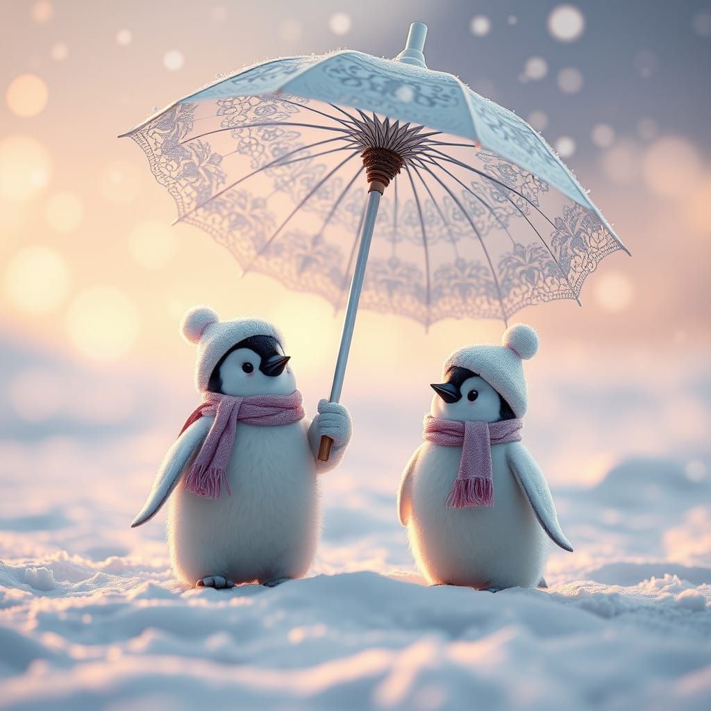White Penguins Under Golden Umbrella in Winter Wonderland