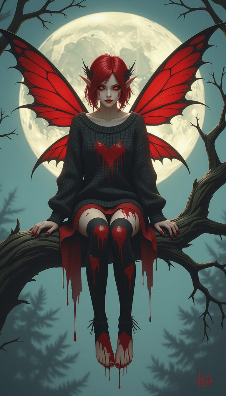 Eerie Blood Fairy Under Moonlight