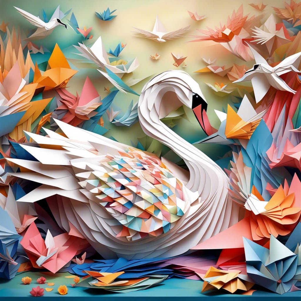 Origami Swan in Spring, Digital Art