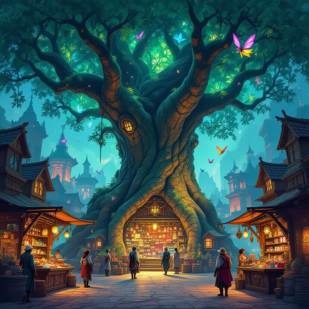 Fantastical Tree City Marketplace Concept Art