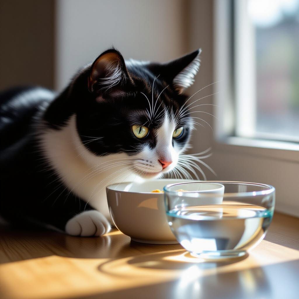 Black and White Cat Eating from Bowl, Photorealistic