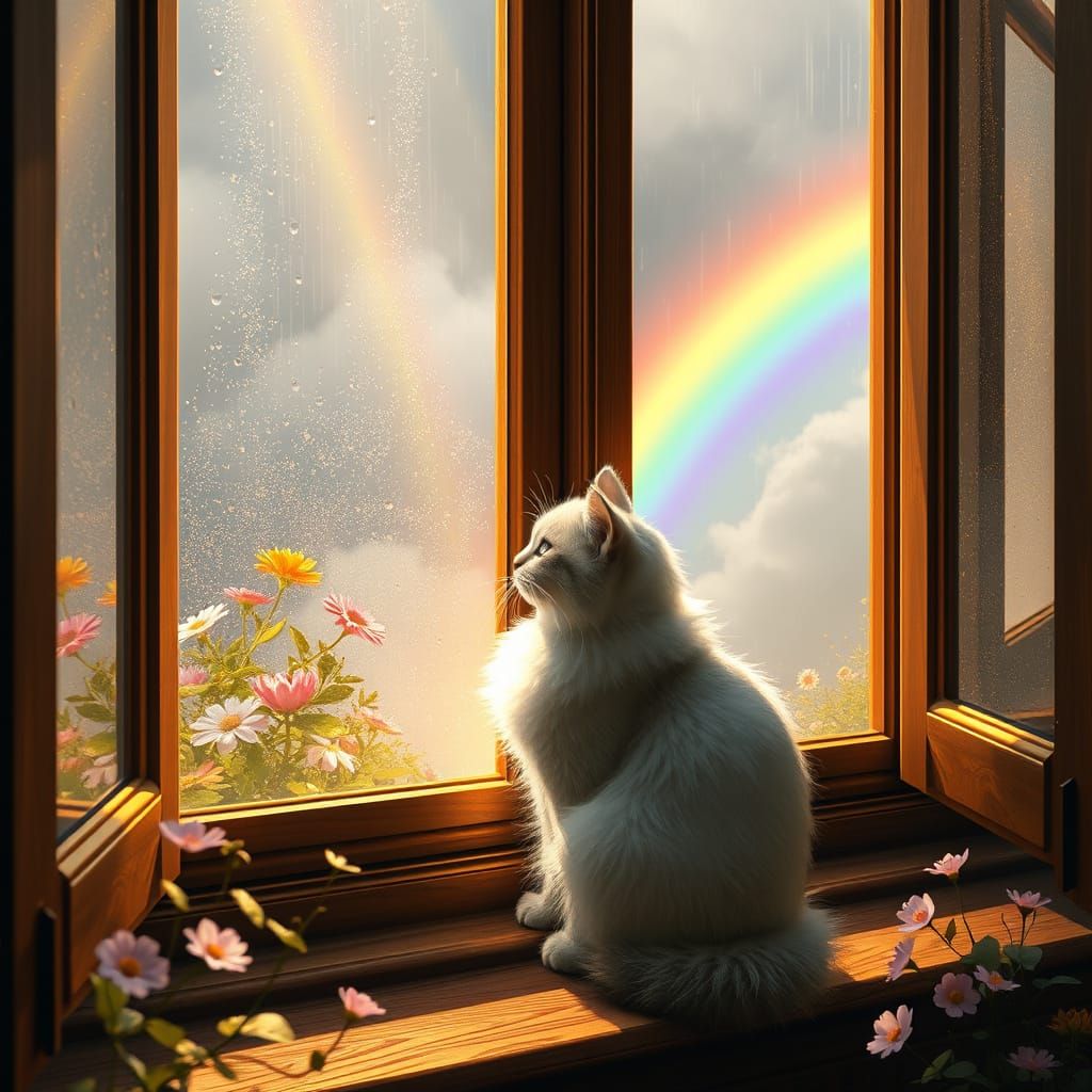 Whimsical Cat Gaze: A Dreamlike Window Scene in Vibrant Colo...