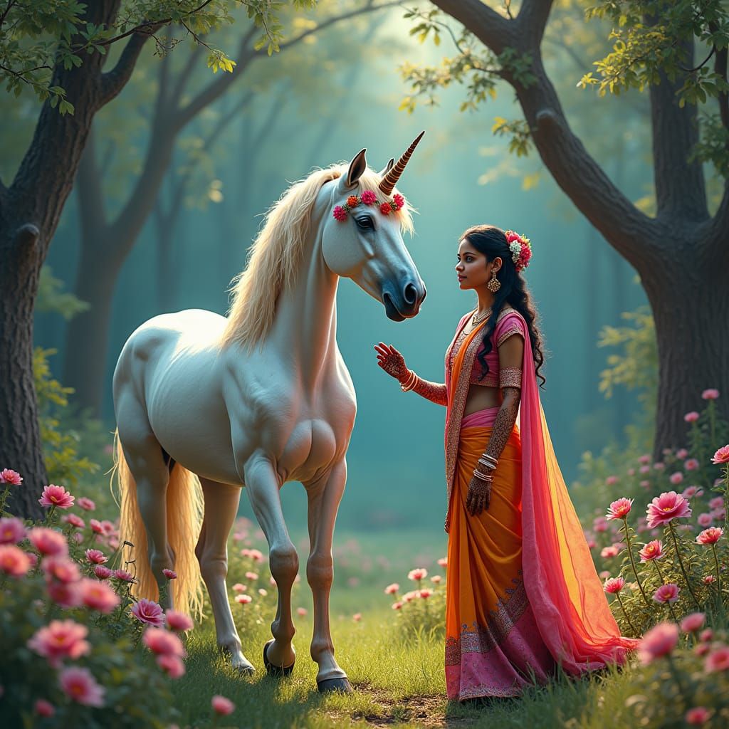 Indian Girl and Unicorn in Dreamy Forest