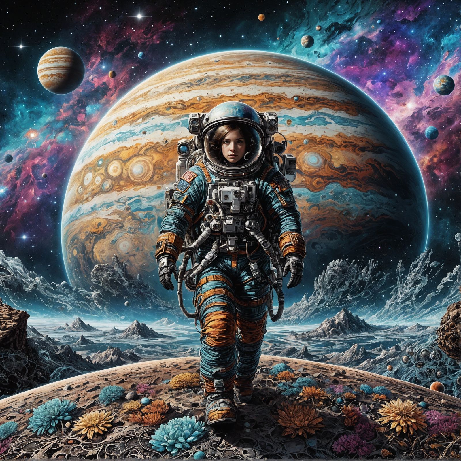 Steampunk Cosmonaut on Cosmic Journey in Digital Art