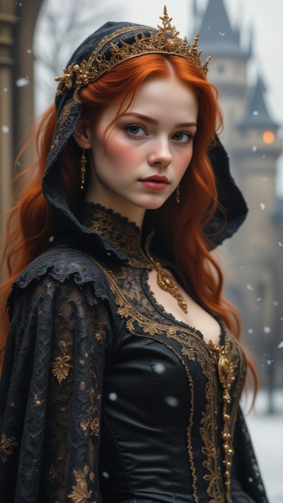 Ethereal Red-Haired Woman in Snowy Castle Landscape