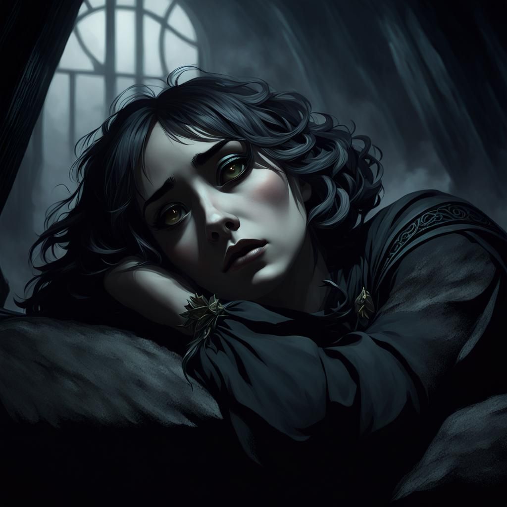 Sad Fran Bow Girl in Dark Fantasy Style