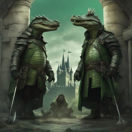 Crocodile Knights Guarding Castle Gate: Dark Fantasy Art