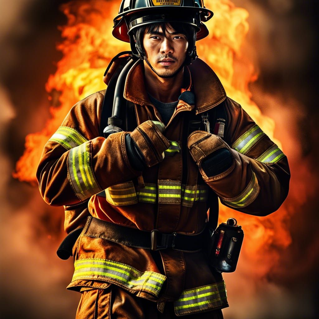 Handsome Firefighter in Blaze, Hyperrealistic Sharp Focus