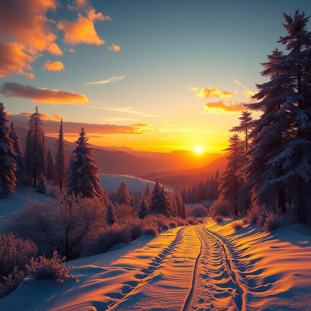 Ethereal Winter Wonderland in Vibrant Sunset Hues