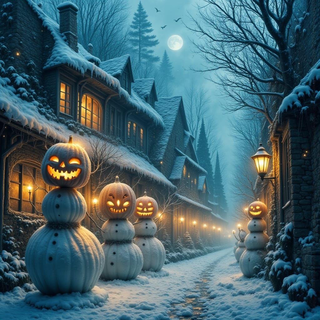 Haunted Christmas Village with Pumpkin Snowmen