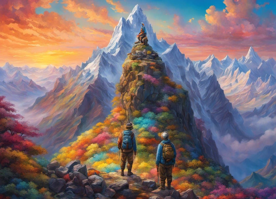 Triumphant Mountaineers at World's Summit: Detailed Fantasy ...