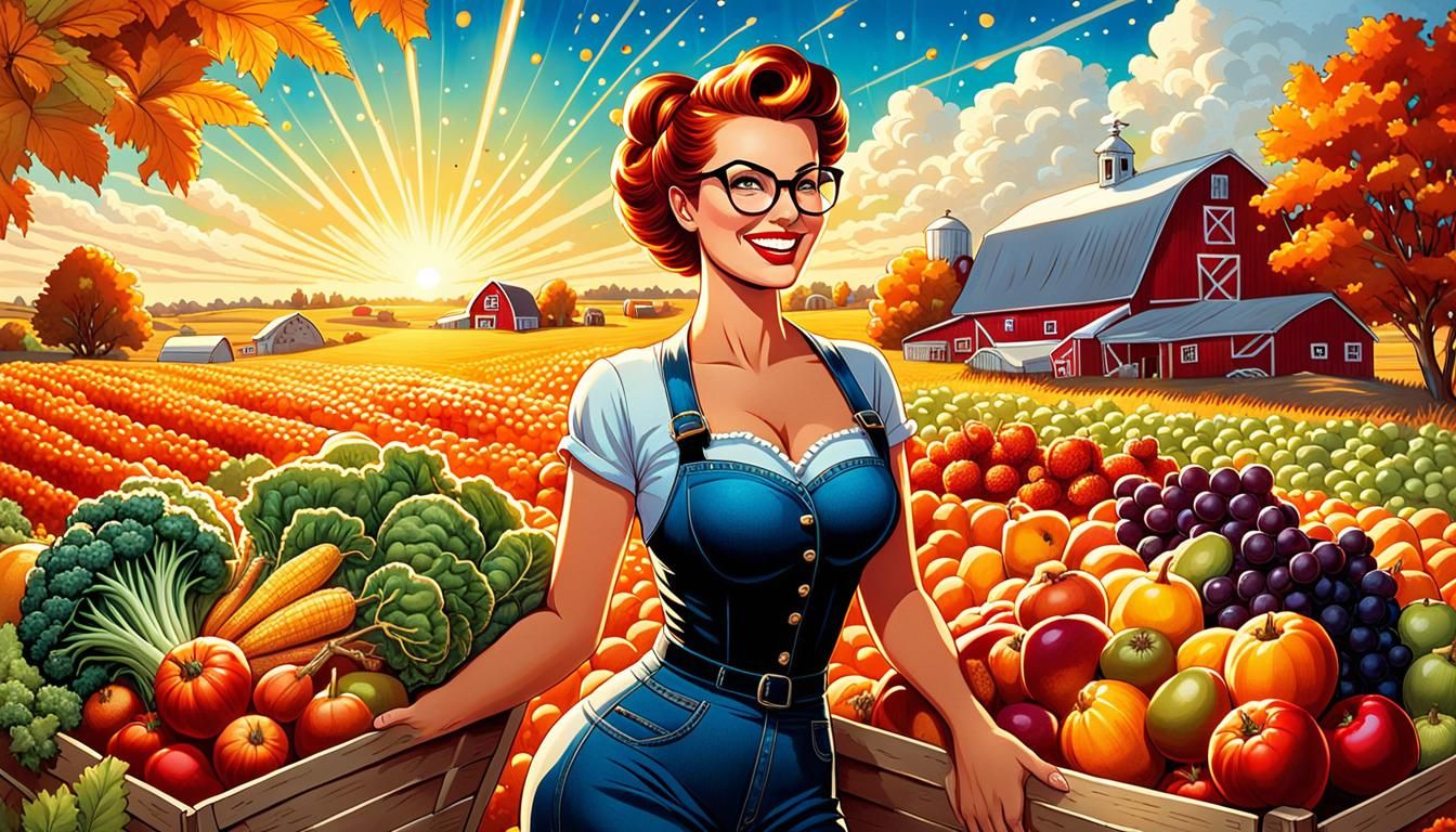 Smiling Pinup Woman at Fall Harvest Market