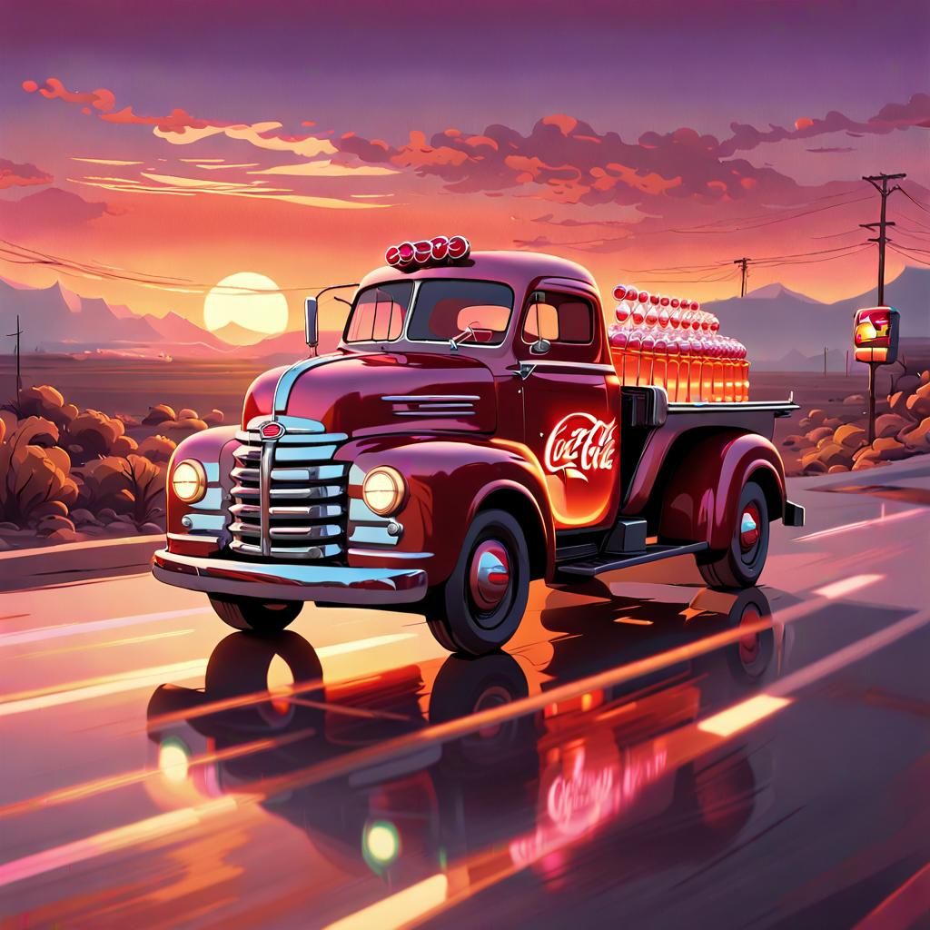 Retro-Futuristic Cherry Coke Truck Rides into Sunset