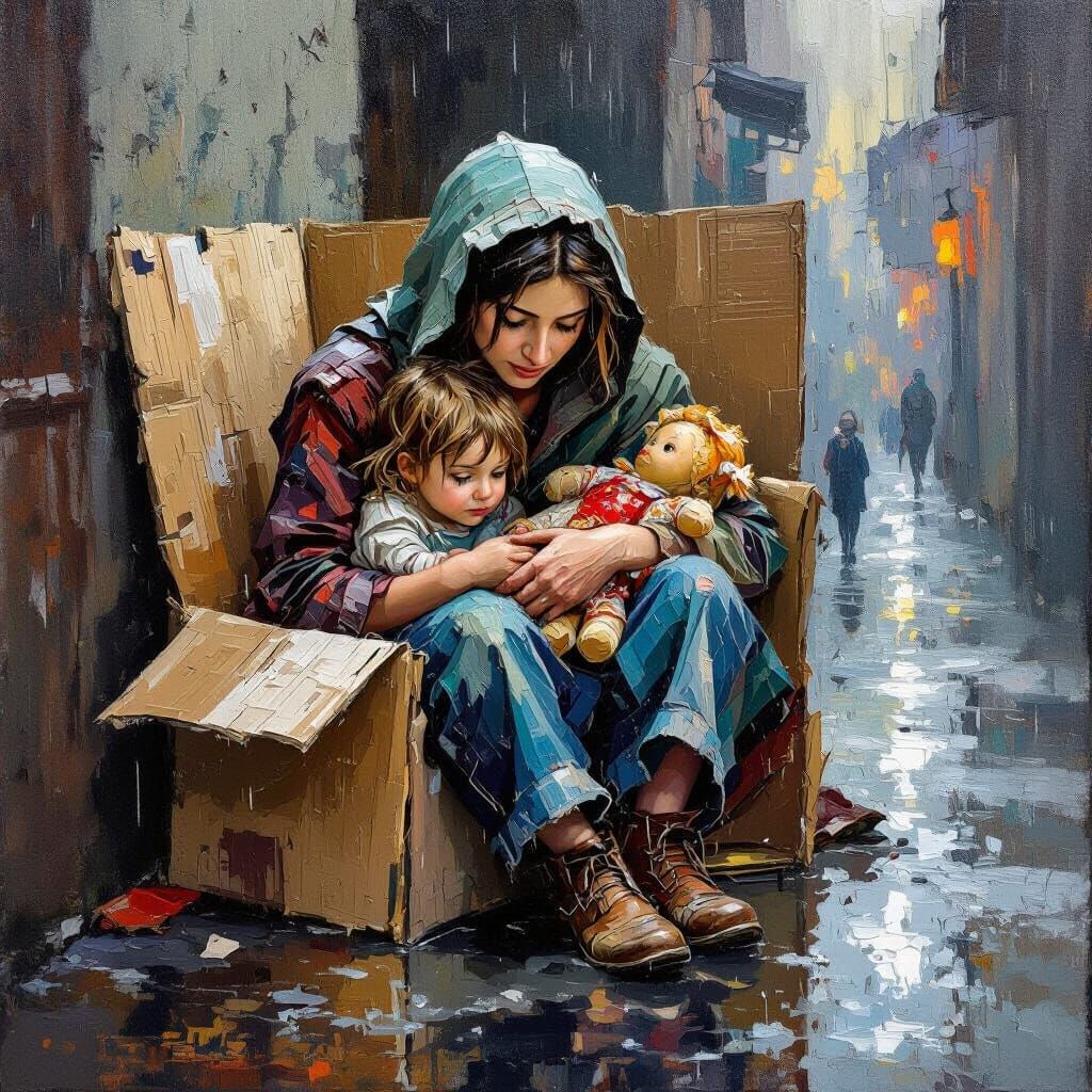 Impasto Oil Painting of Mother and Child in Alley