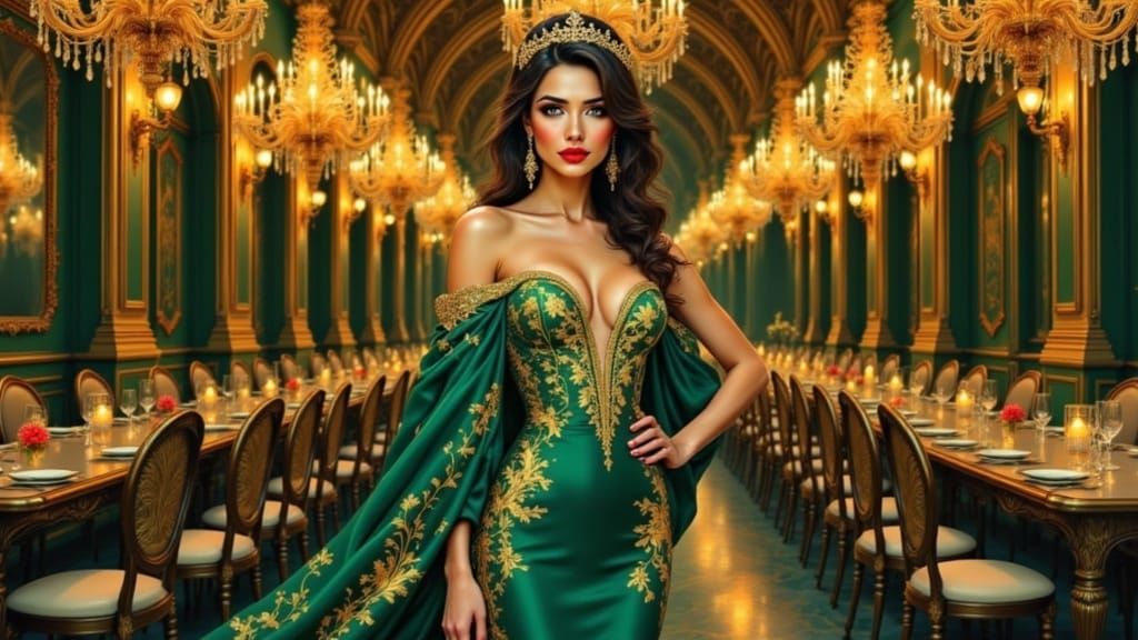 Regal Queen Shines in Emerald Green Gown with Golden Embroid...