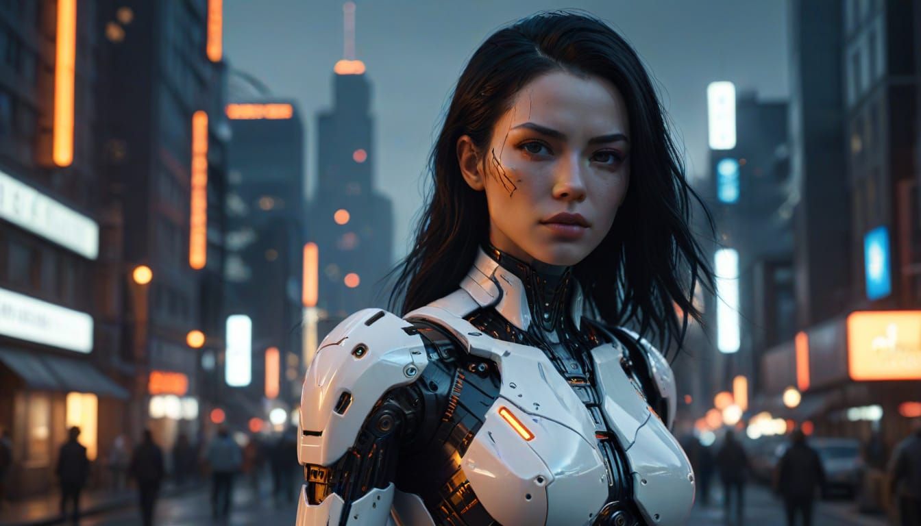 Futuristic Female Cyborg in Cyberpunk Cityscape