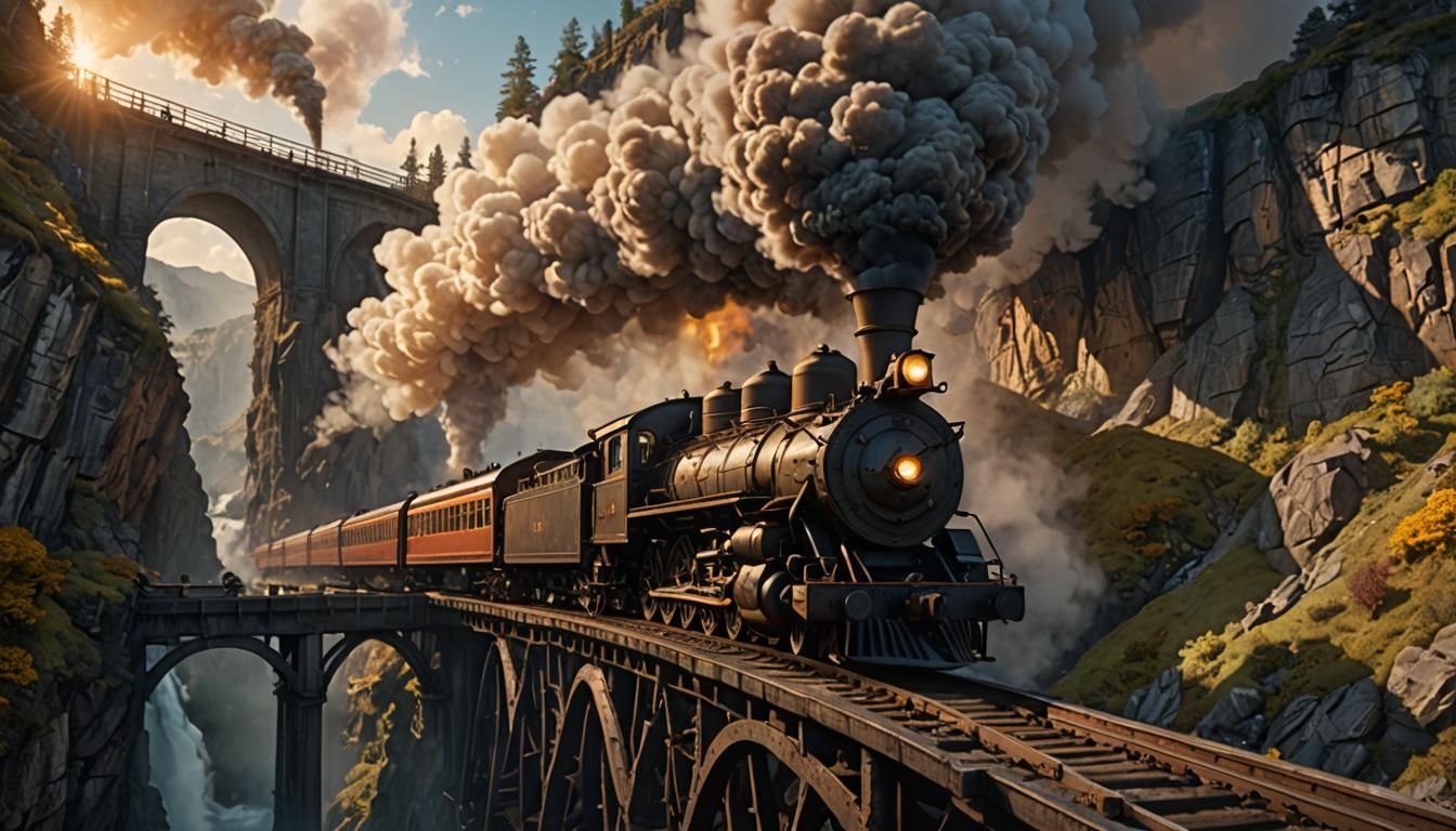 Steam Engine Train Over Gorge in Fantasy Art Style