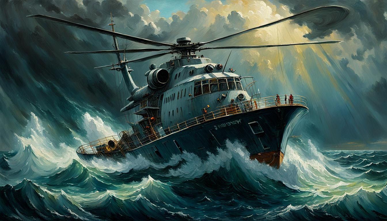 Stormy Seas: Helicopter Rotor in Oil Painting Style