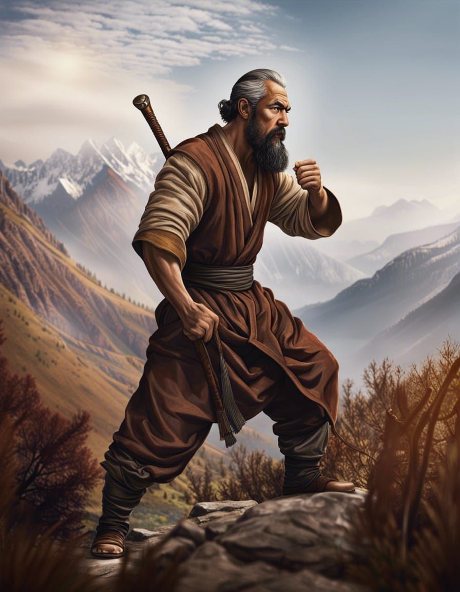Angry Monk in Mountain Valley, Hyperrealistic