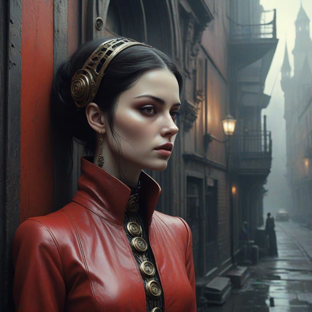 Mysterious Harbor City Woman in Gothic Steampunk Style