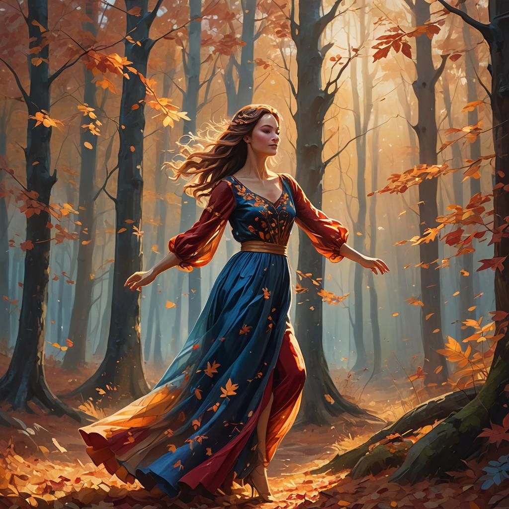Woman Dancing in Autumn Forest, Oil Painting