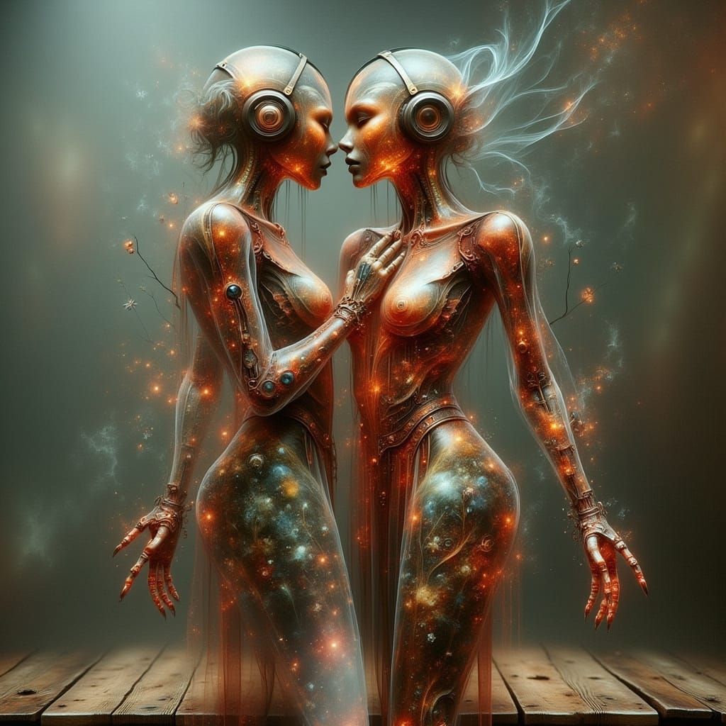 Surreal Solar Punk Robot Love Scene in Steampunk Style