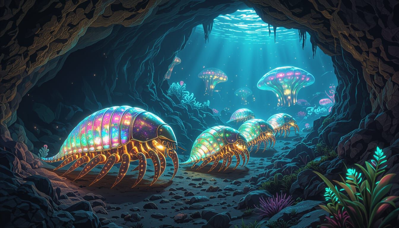 Bioluminescent Trilobites in Underwater Cave, Hyperrealistic...