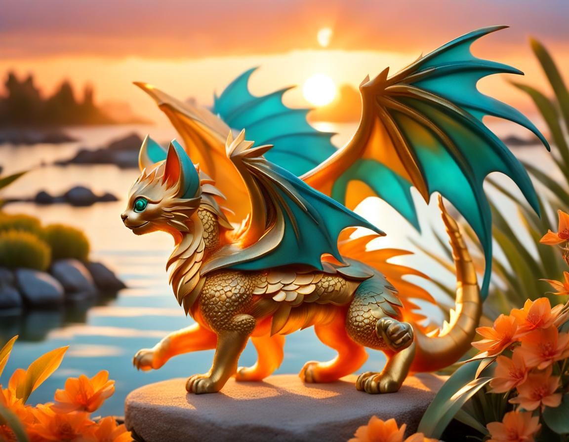 Cat Dragon Hybrid Playing in Garden at Sunset