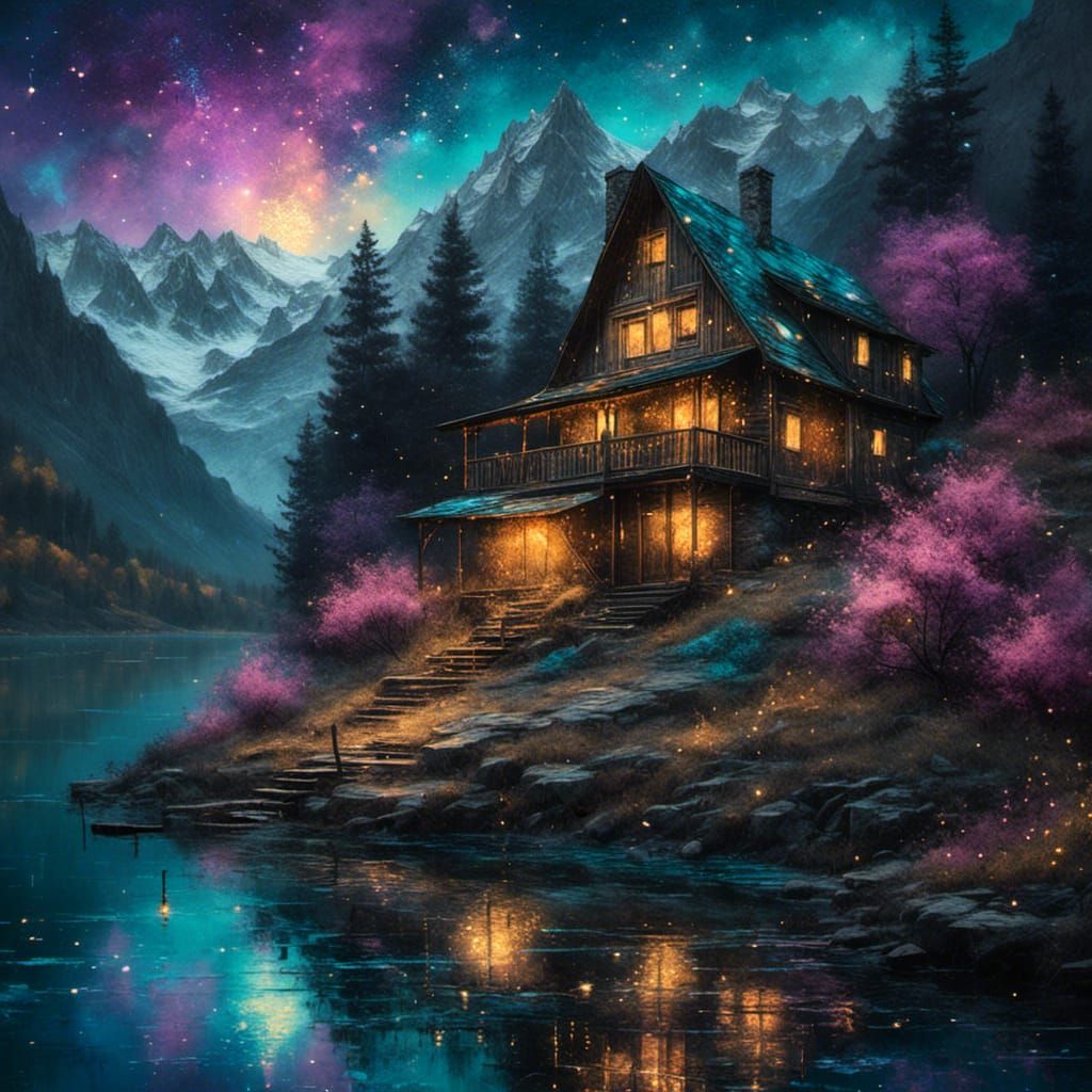 Snowy Cabin Lakeside Under Dreamy Galaxy Sky as Oil Painting