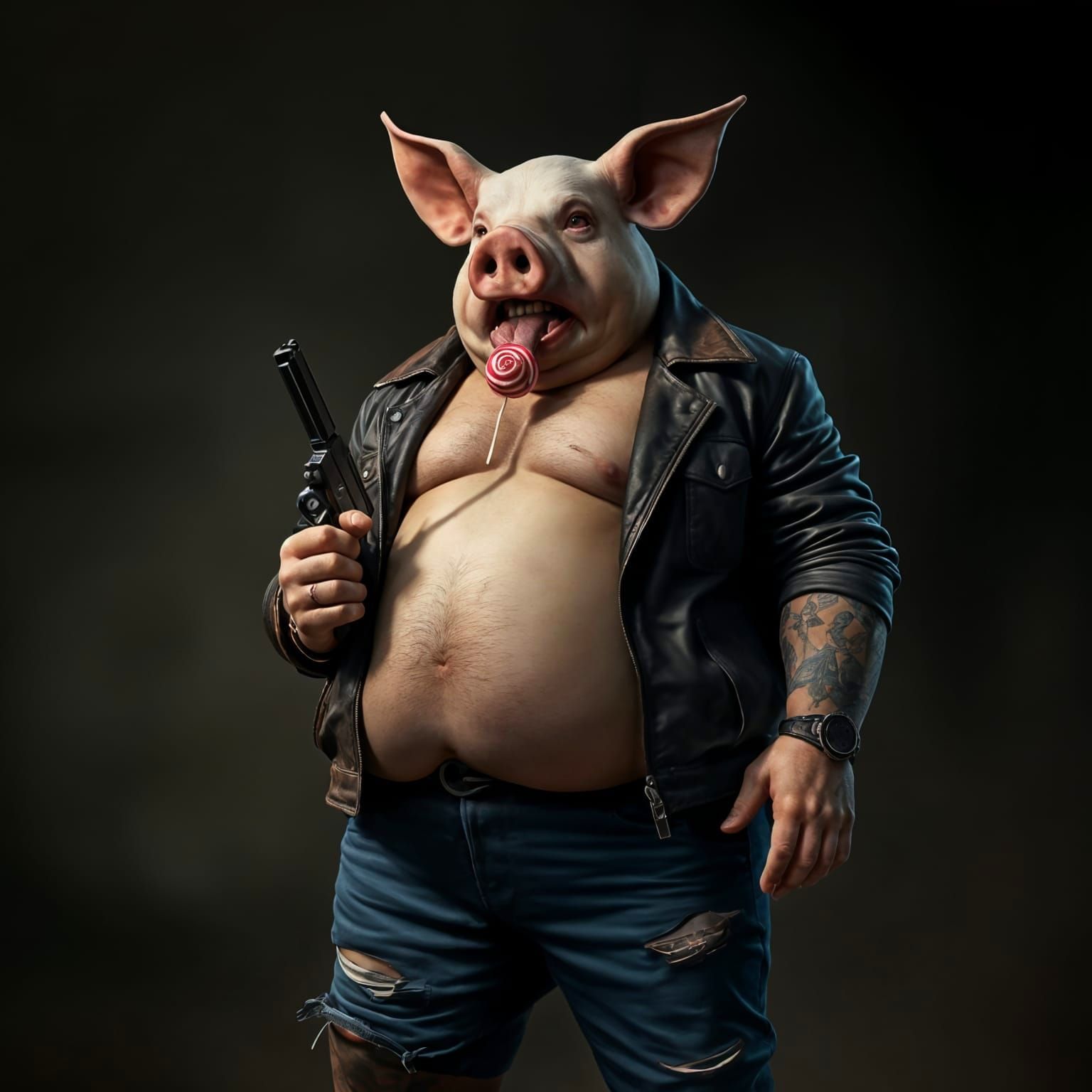 Noir Pig-Headed Man with Gun and Lollipop