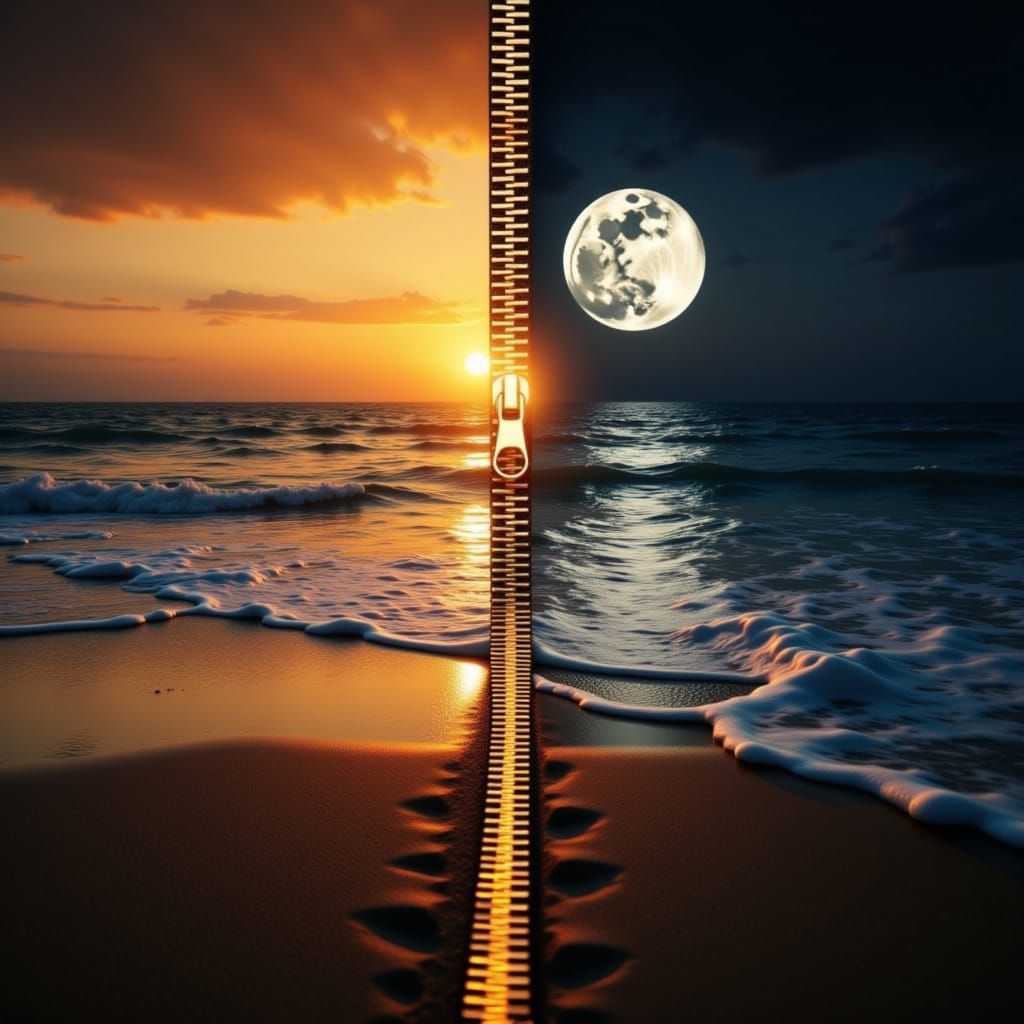 Surreal Zipper Between Sunset Beach and Moonlit Sea