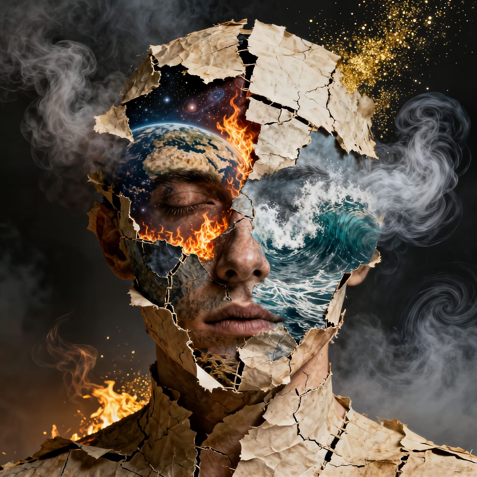 Face of Elements: Ancient Paper Layers in Double Exposure