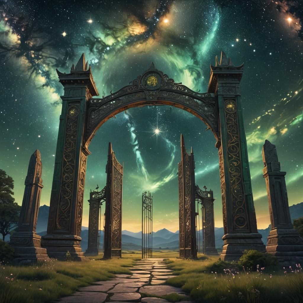 Ancient Gates Float Above Verdant Plain